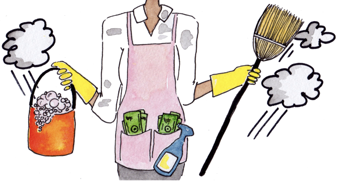 Cartoon of woman with a lot of different cleaning supplies. Courtesy of MetroFamily. 